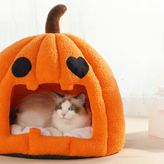KFX-7562941 Cozy Pumpkin-Shaped Semi-Enclosed Pet Bed for Cats and Dogs