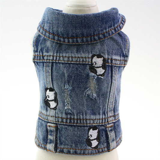 KFX-7563453 Ripped Panda Embroidered Denim Vest for Dogs in Various Sizes