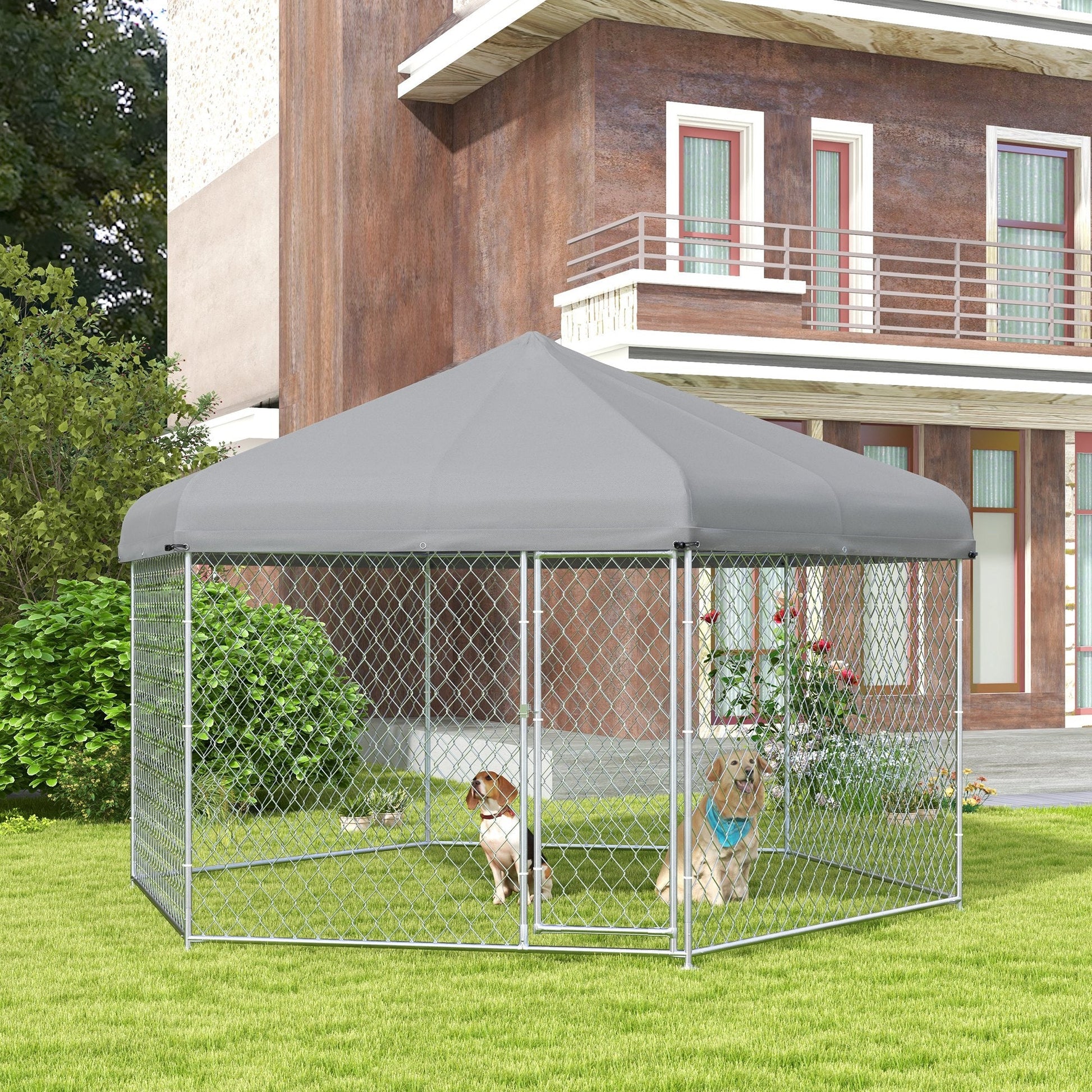 KFX-7568317 Large Dog Kennel with Waterproof Canopy and Lockable Door for Outdoor Use