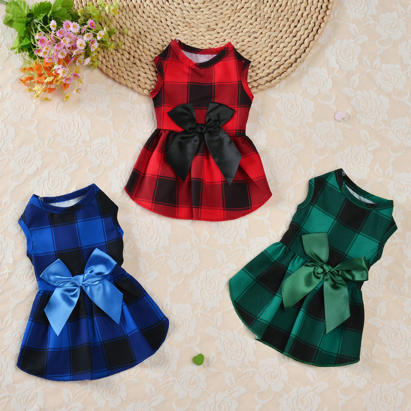 KFX-7571005 Casual Thin PET Bow Plaid Clothes for Pets in Red, Green, and Blue Plaids - Multiple Sizes Available