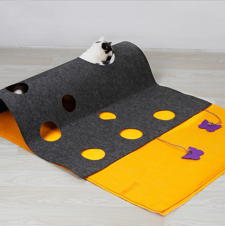 KFX-7571261 DIY Cat Play Puzzle Tunnel and Pet Mat – Felt Fabric with Sound Paper, Bell & Butterfly Toys, Versatile Design for Multi-Cat Fun