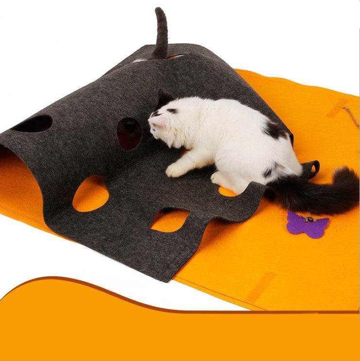 KFX-7571261 DIY Cat Play Puzzle Tunnel and Pet Mat – Felt Fabric with Sound Paper, Bell & Butterfly Toys, Versatile Design for Multi-Cat Fun