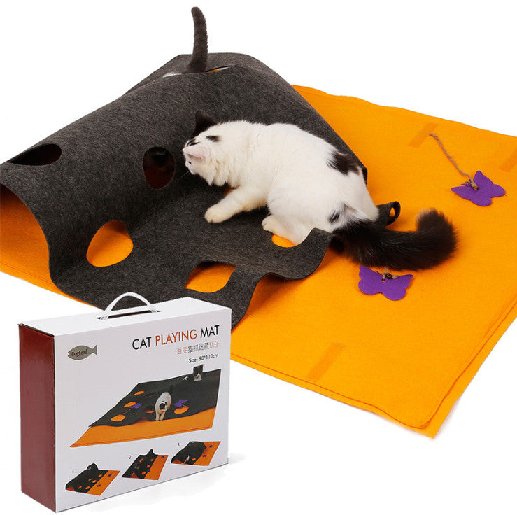 KFX-7571261 DIY Cat Play Puzzle Tunnel and Pet Mat – Felt Fabric with Sound Paper, Bell & Butterfly Toys, Versatile Design for Multi-Cat Fun