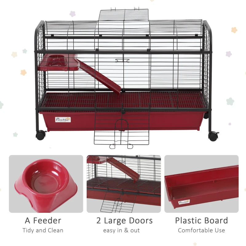 KFX-7574077 Mobile Multi-Level Small Animal Cage with Ramp and Feeder for Rabbits and Ferrets