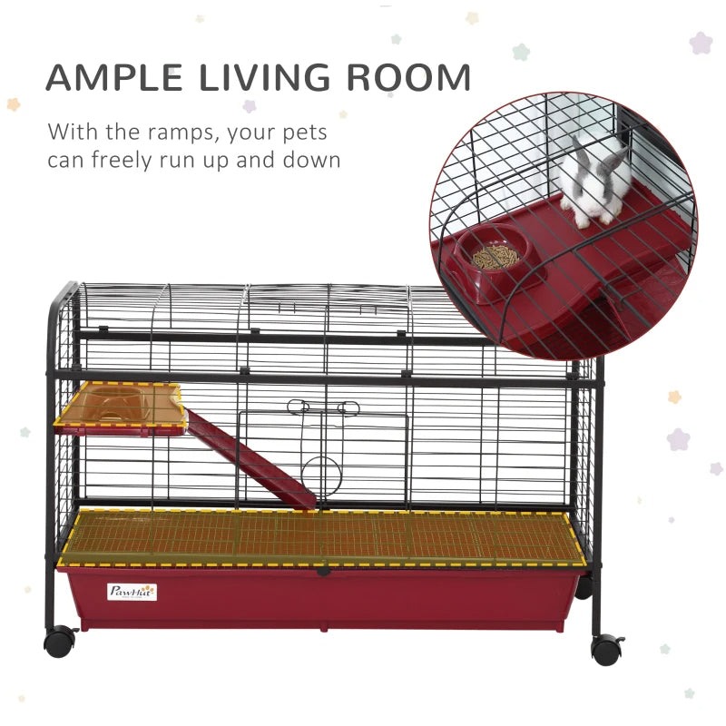 KFX-7574077 Mobile Multi-Level Small Animal Cage with Ramp and Feeder for Rabbits and Ferrets