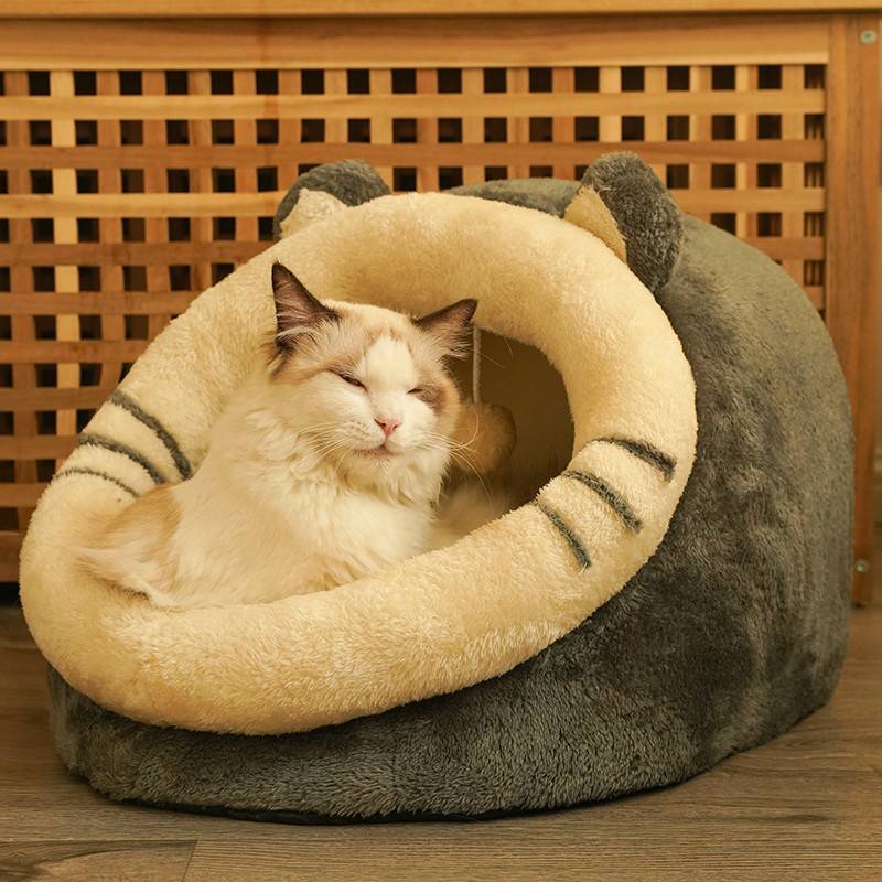 KFX-7580221 Cozy Semi-Enclosed Polar Fleece Cat Nest for Deep Sleep - Available in S, M, L Sizes