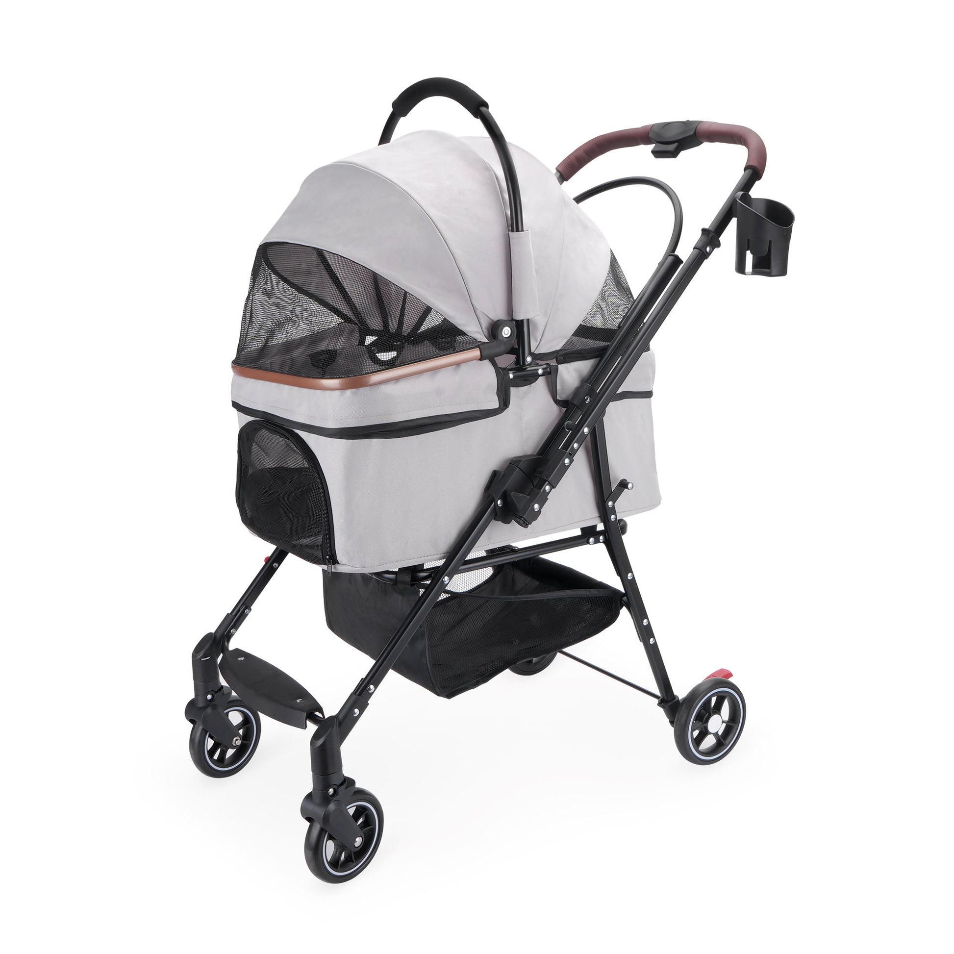 KFX-7581629 Compact Foldable Stroller for Small Dogs and Cats with Adjustable Canopy and Storage Basket