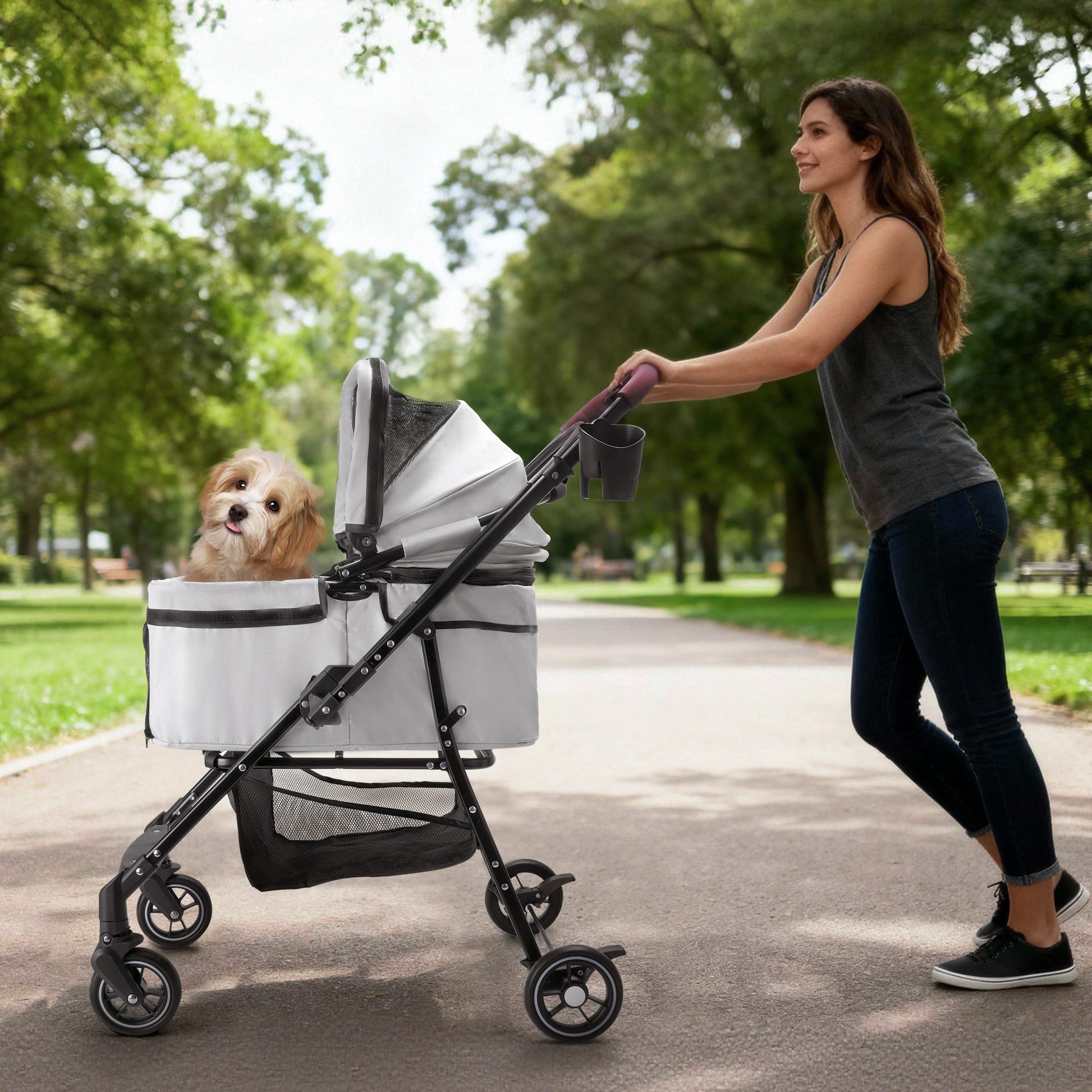 KFX-7581629 Compact Foldable Stroller for Small Dogs and Cats with Adjustable Canopy and Storage Basket