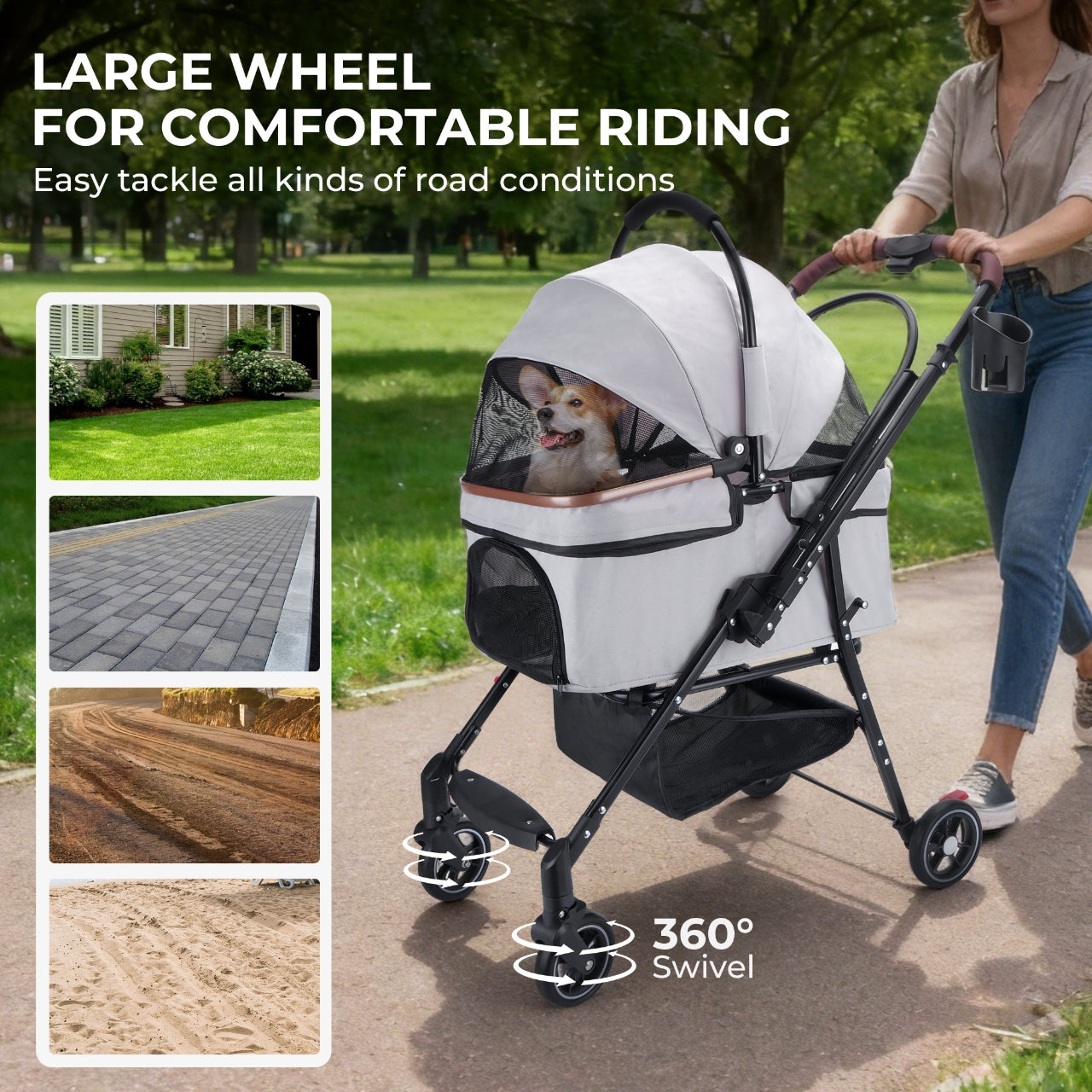 KFX-7581629 Compact Foldable Stroller for Small Dogs and Cats with Adjustable Canopy and Storage Basket