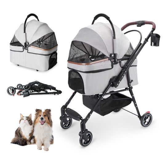 KFX-7581629 Compact Foldable Stroller for Small Dogs and Cats with Adjustable Canopy and Storage Basket