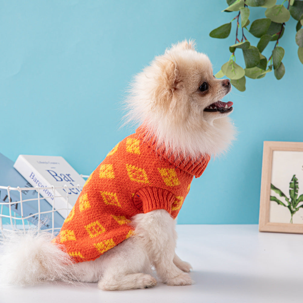KFX-7583933 High-Neck Wool Sweater for Small and Medium Dogs in Dark Brown, Coral, and Dark Gray