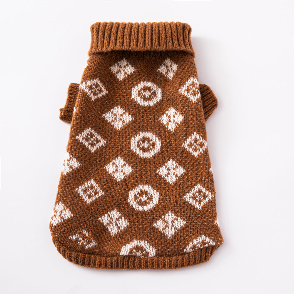 KFX-7583933 High-Neck Wool Sweater for Small and Medium Dogs in Dark Brown, Coral, and Dark Gray