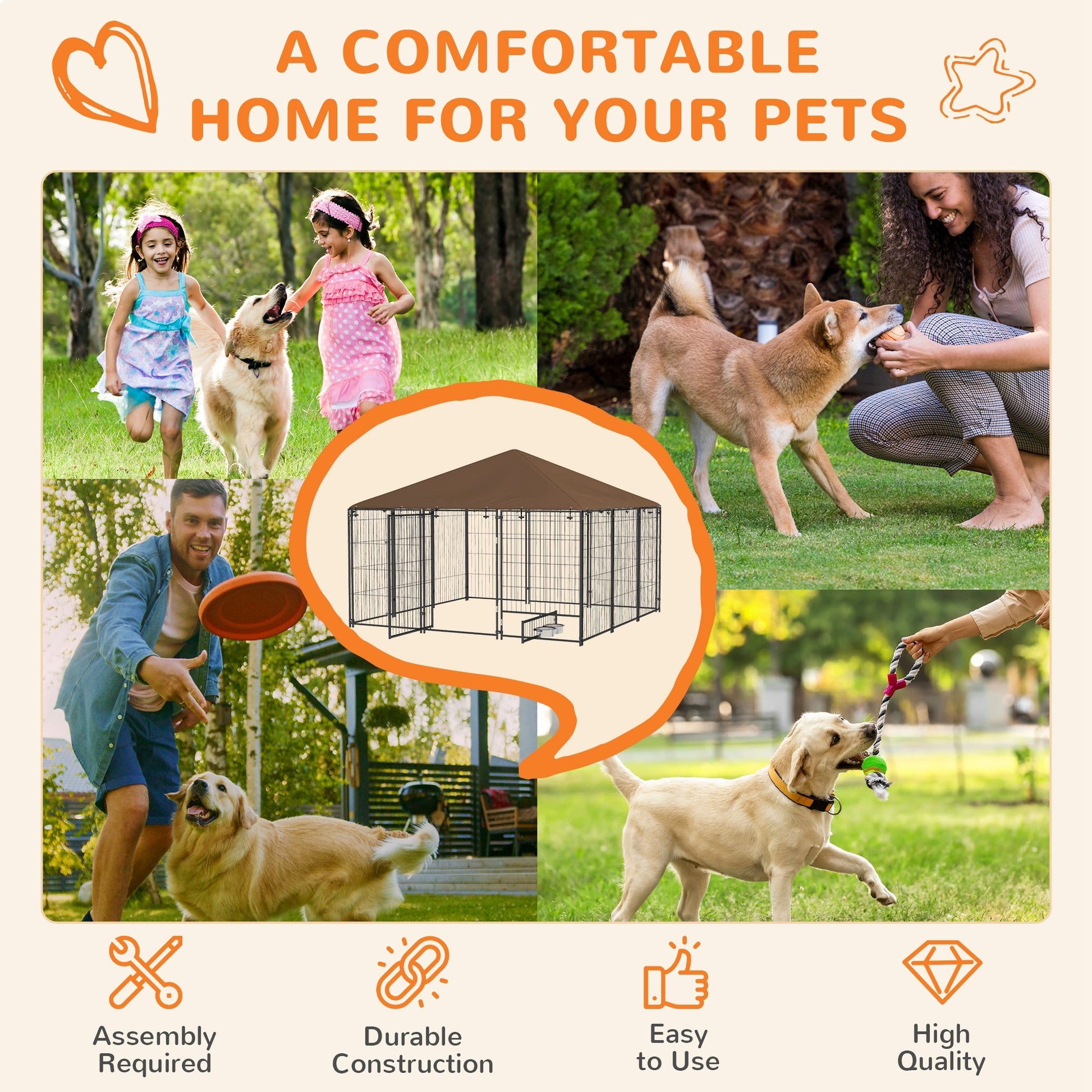 KFX-7595325 Spacious Outdoor Dog Kennel with Rotating Bowl Holders and Weather Protection