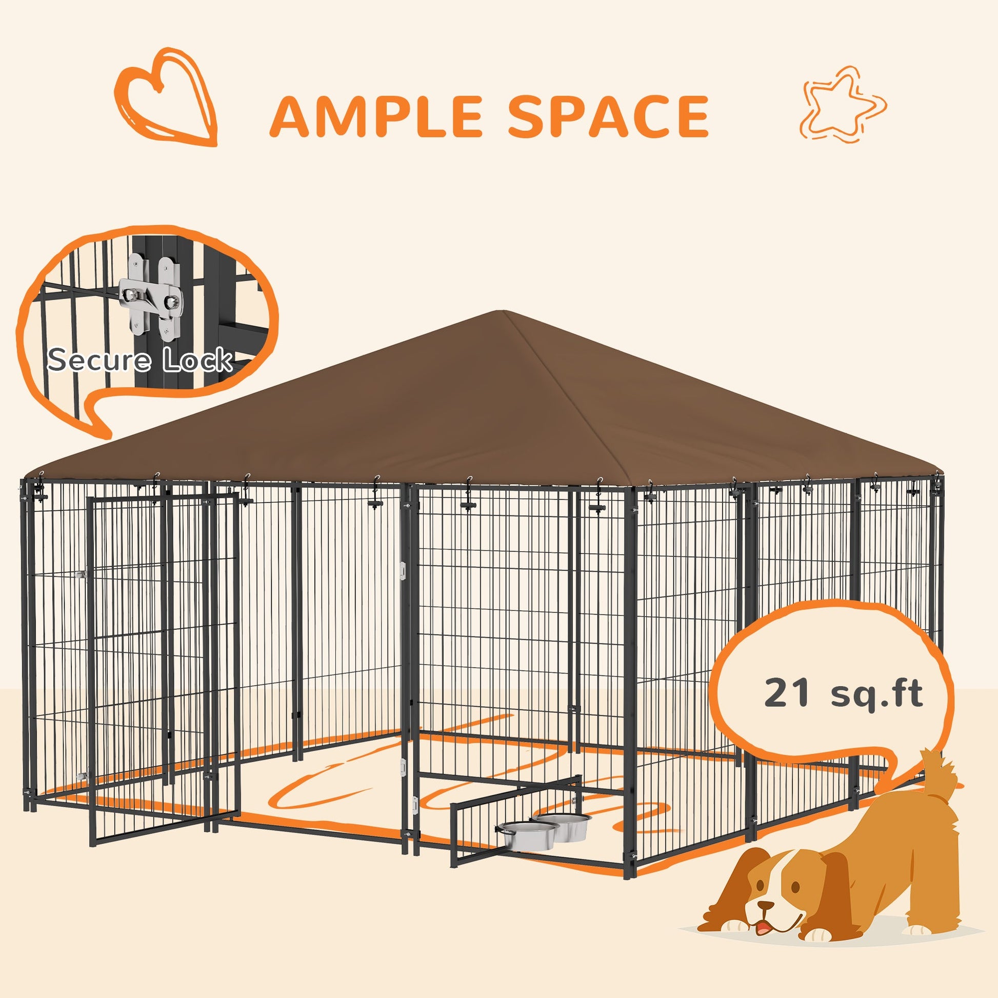 KFX-7595325 Spacious Outdoor Dog Kennel with Rotating Bowl Holders and Weather Protection