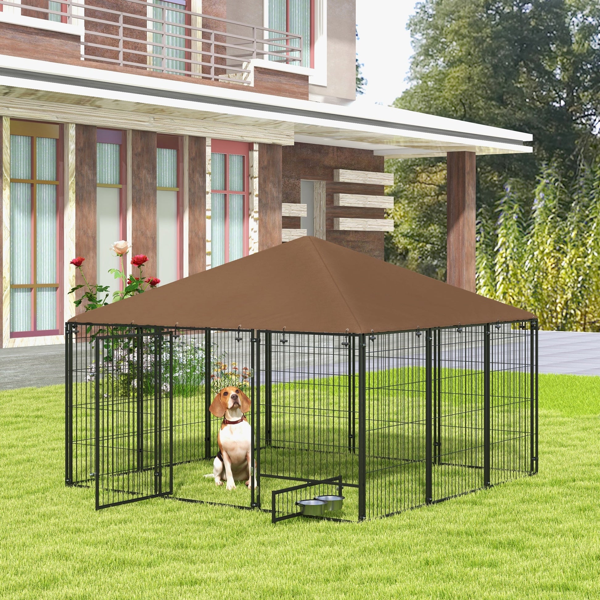 KFX-7595325 Spacious Outdoor Dog Kennel with Rotating Bowl Holders and Weather Protection