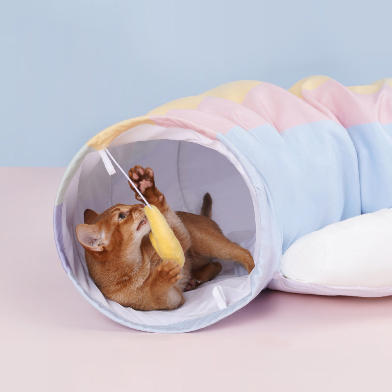 KFX-7596733 Rainbow Cat Tunnel Bed - Removable, Washable Fabric Pet Nest with Cat Litter, Four Seasons Use