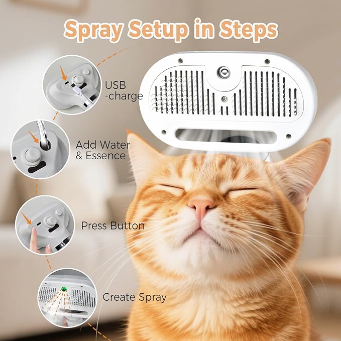 KFX-7608765 3-in-1 Pet Steam Brush with Water Mist Spray for Grooming and Shedding, Self-Cleaning Design for Cats and Dogs