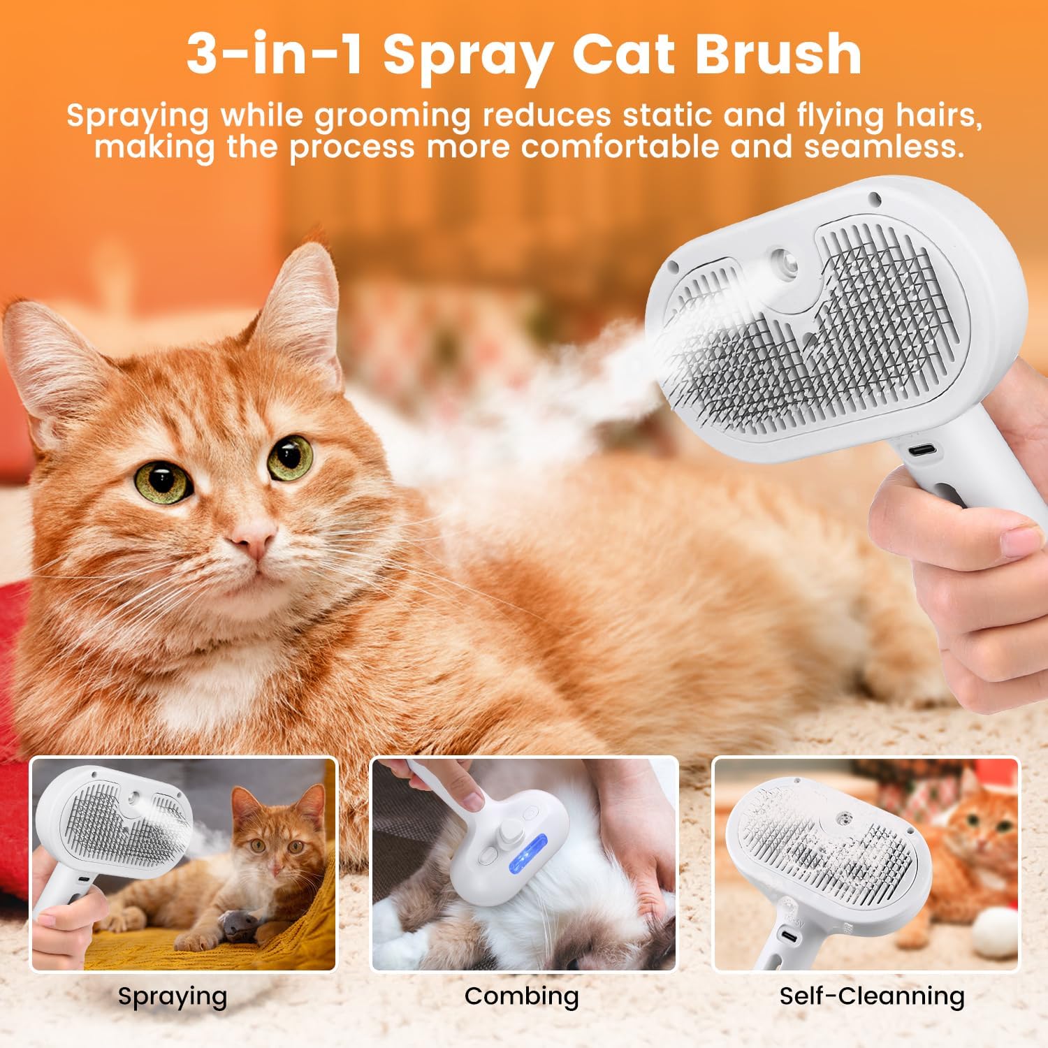 KFX-7608765 3-in-1 Pet Steam Brush with Water Mist Spray for Grooming and Shedding, Self-Cleaning Design for Cats and Dogs