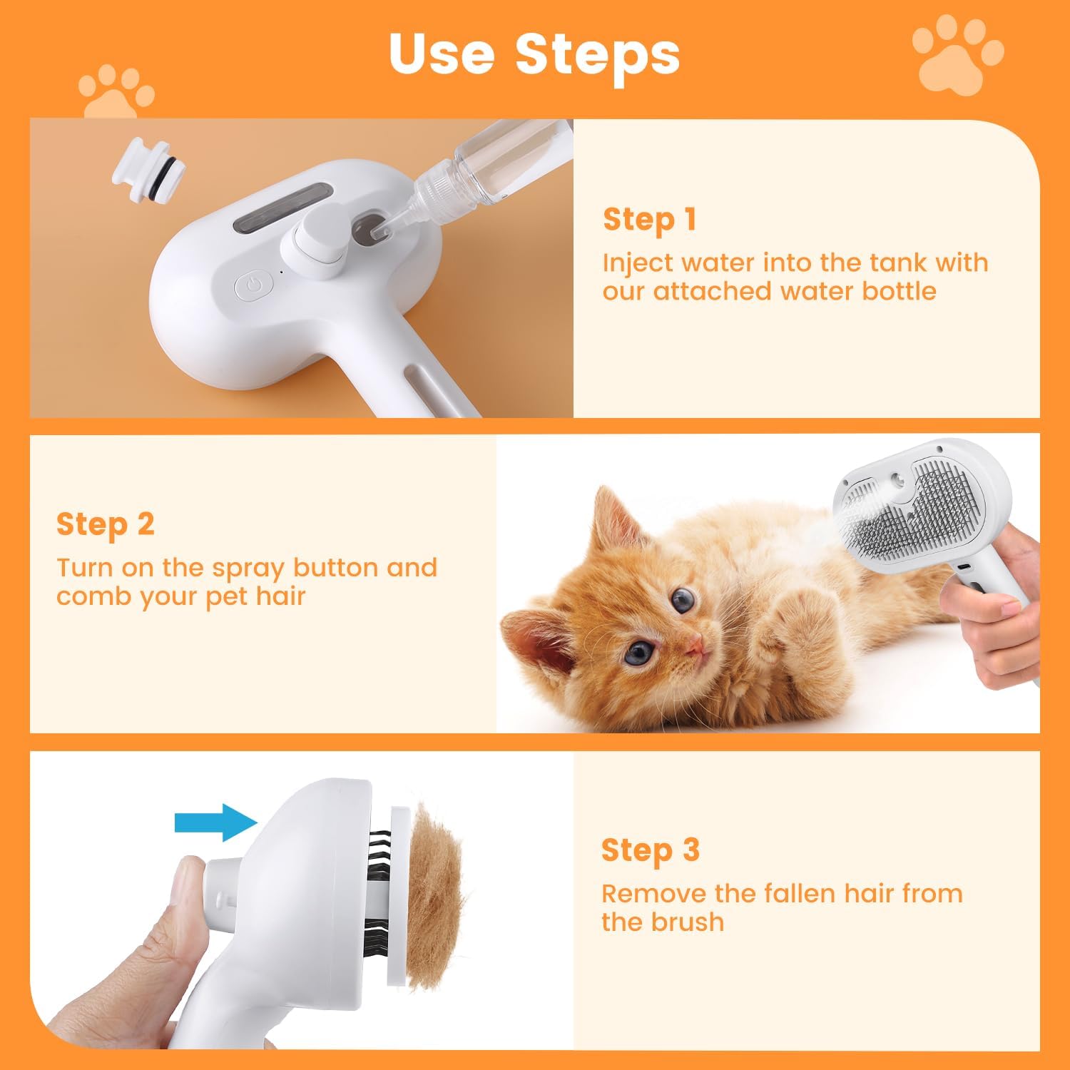 KFX-7608765 3-in-1 Pet Steam Brush with Water Mist Spray for Grooming and Shedding, Self-Cleaning Design for Cats and Dogs