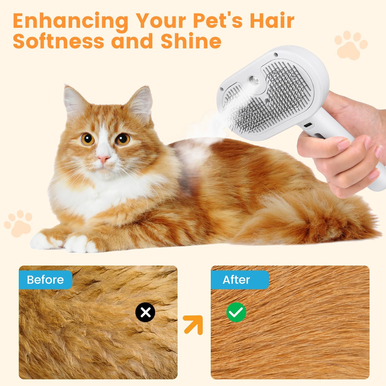 KFX-7608765 3-in-1 Pet Steam Brush with Water Mist Spray for Grooming and Shedding, Self-Cleaning Design for Cats and Dogs