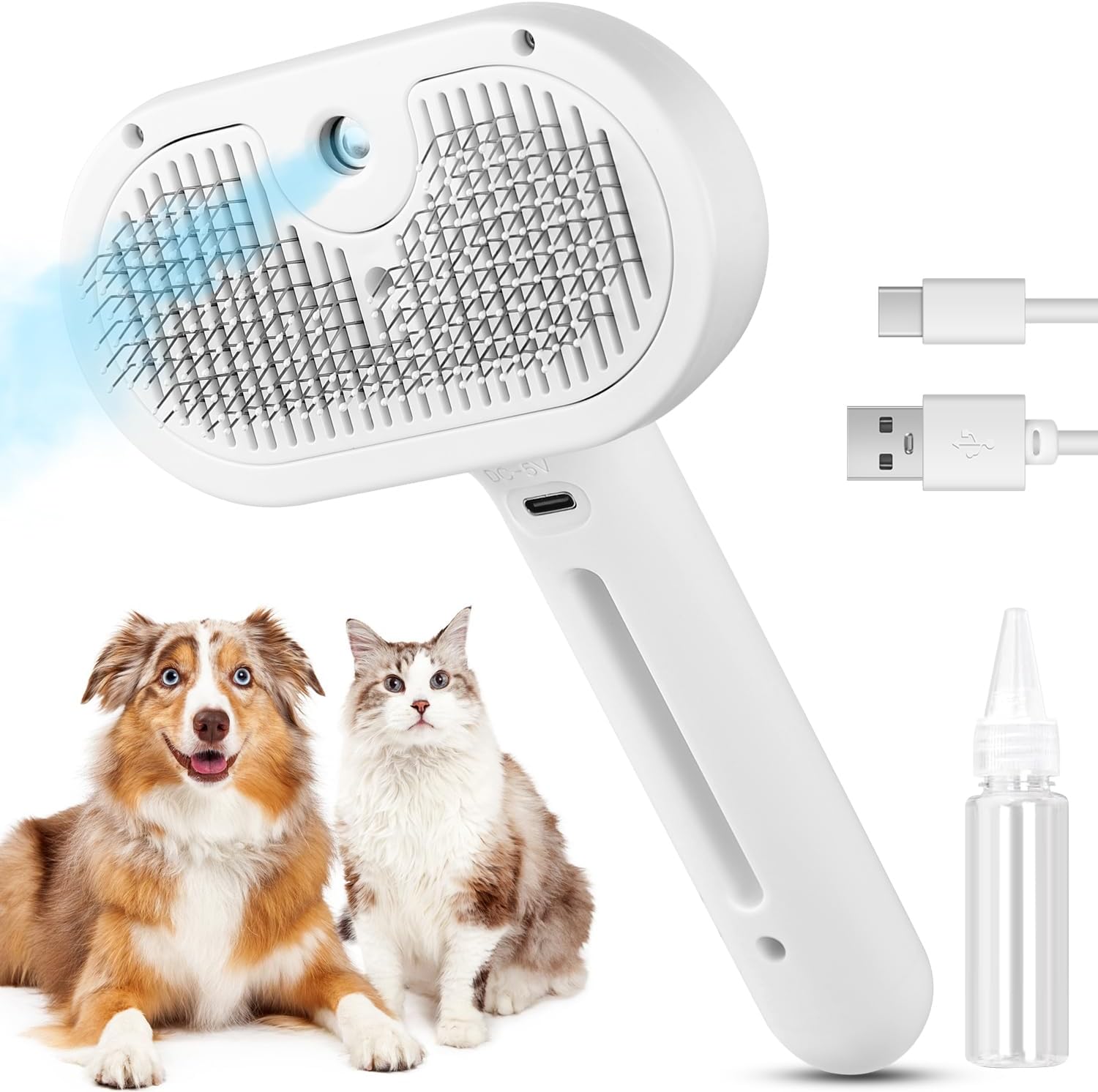 KFX-7608765 3-in-1 Pet Steam Brush with Water Mist Spray for Grooming and Shedding, Self-Cleaning Design for Cats and Dogs