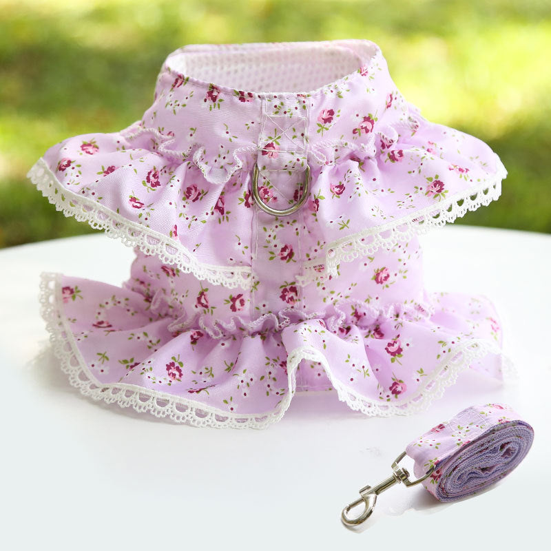 KFX-7619261 Small Floral Lace Teddy Bear Dog Leash with Chest Strap for Pets Up to 15 kg