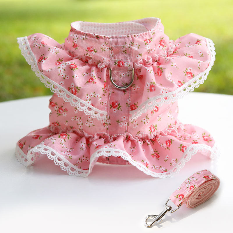 KFX-7619261 Small Floral Lace Teddy Bear Dog Leash with Chest Strap for Pets Up to 15 kg