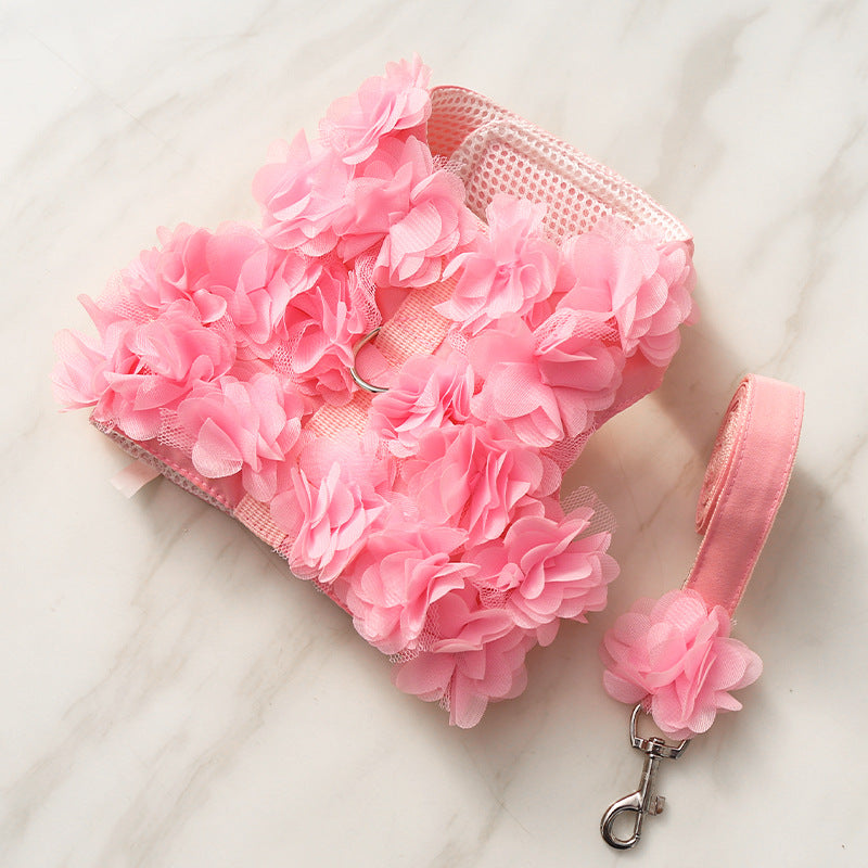 KFX-7619261 Small Floral Lace Teddy Bear Dog Leash with Chest Strap for Pets Up to 15 kg