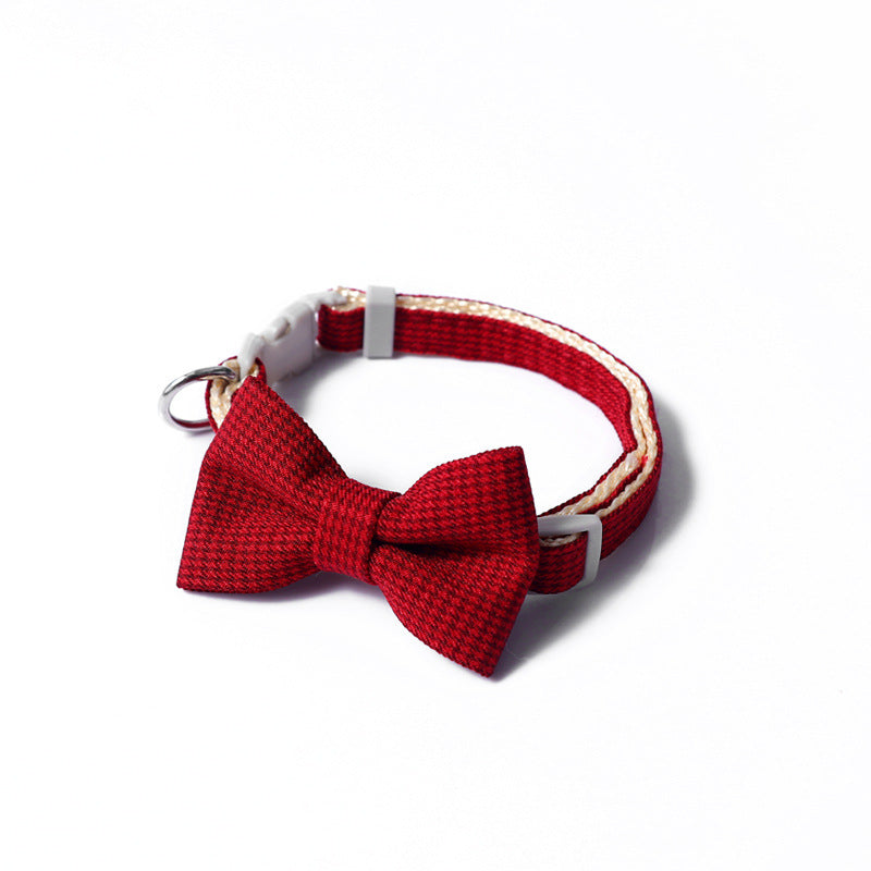 KFX-7620669 Houndstooth Bow Pet Collar – Stylish and Durable in Blue, Pink, Gray, and Purplish Red, Fits 22-29cm