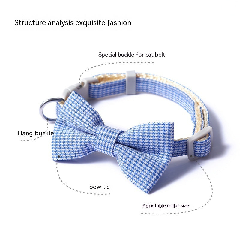 KFX-7620669 Houndstooth Bow Pet Collar – Stylish and Durable in Blue, Pink, Gray, and Purplish Red, Fits 22-29cm