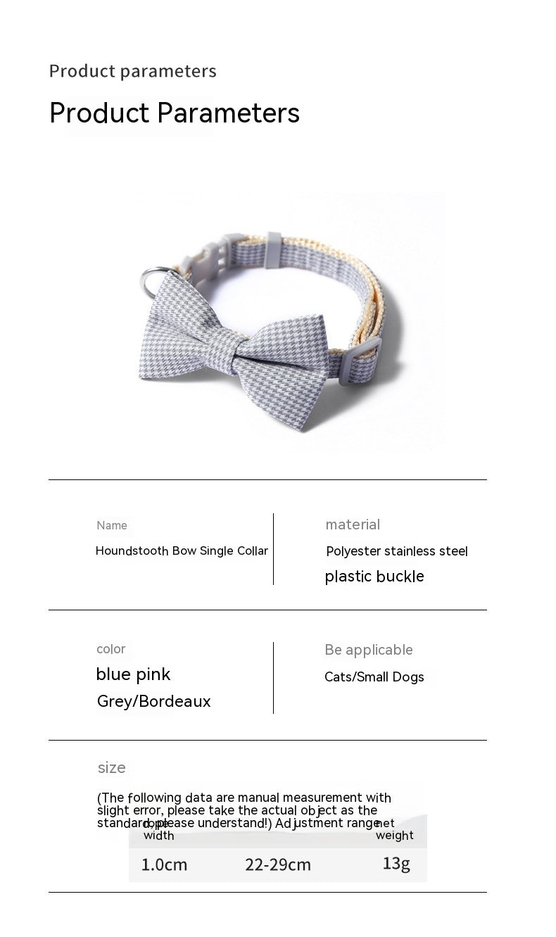 KFX-7620669 Houndstooth Bow Pet Collar – Stylish and Durable in Blue, Pink, Gray, and Purplish Red, Fits 22-29cm