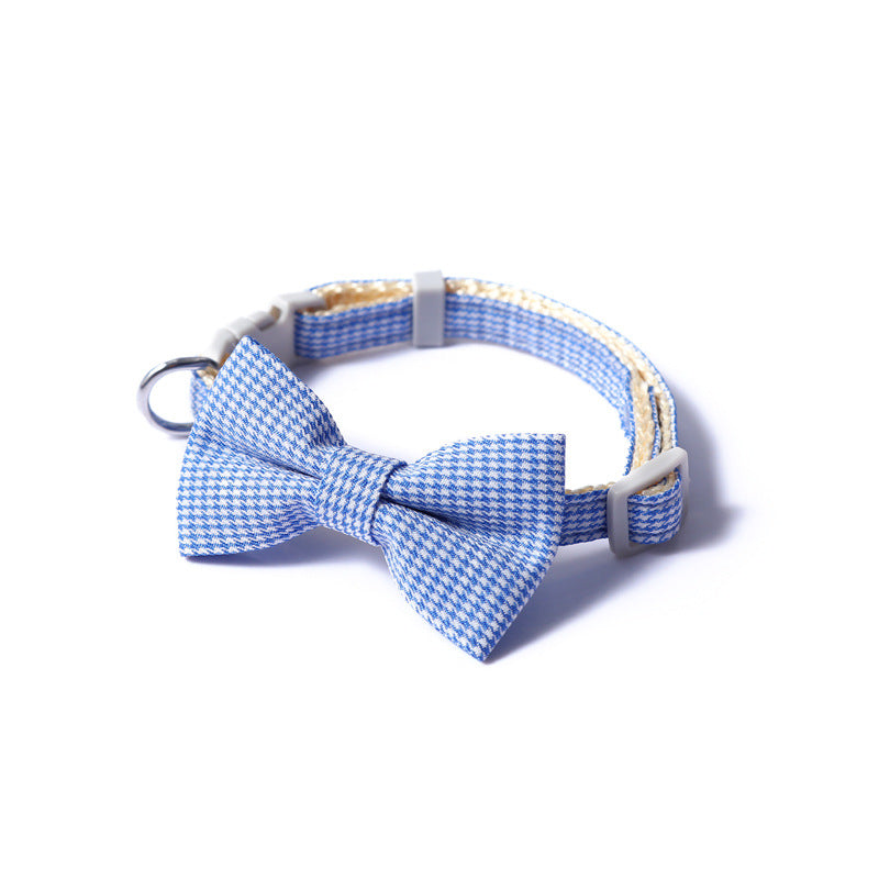 KFX-7620669 Houndstooth Bow Pet Collar – Stylish and Durable in Blue, Pink, Gray, and Purplish Red, Fits 22-29cm