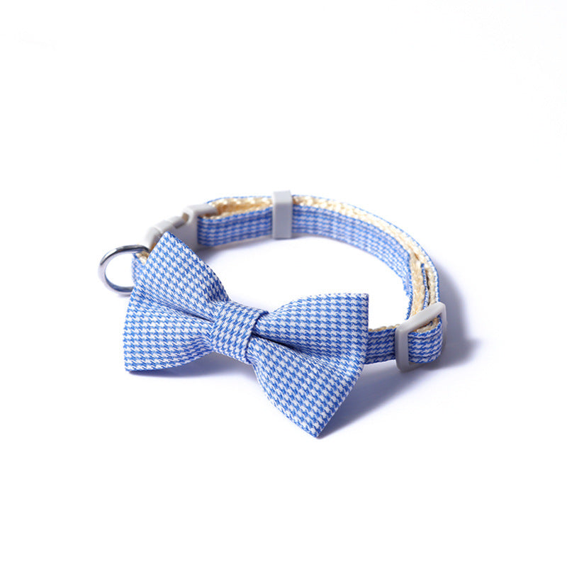 KFX-7620669 Houndstooth Bow Pet Collar – Stylish and Durable in Blue, Pink, Gray, and Purplish Red, Fits 22-29cm