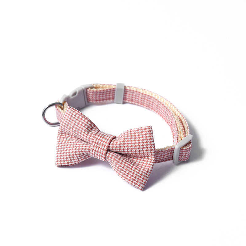 KFX-7620669 Houndstooth Bow Pet Collar – Stylish and Durable in Blue, Pink, Gray, and Purplish Red, Fits 22-29cm