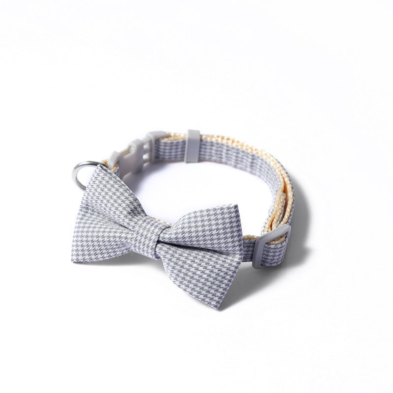 KFX-7620669 Houndstooth Bow Pet Collar – Stylish and Durable in Blue, Pink, Gray, and Purplish Red, Fits 22-29cm