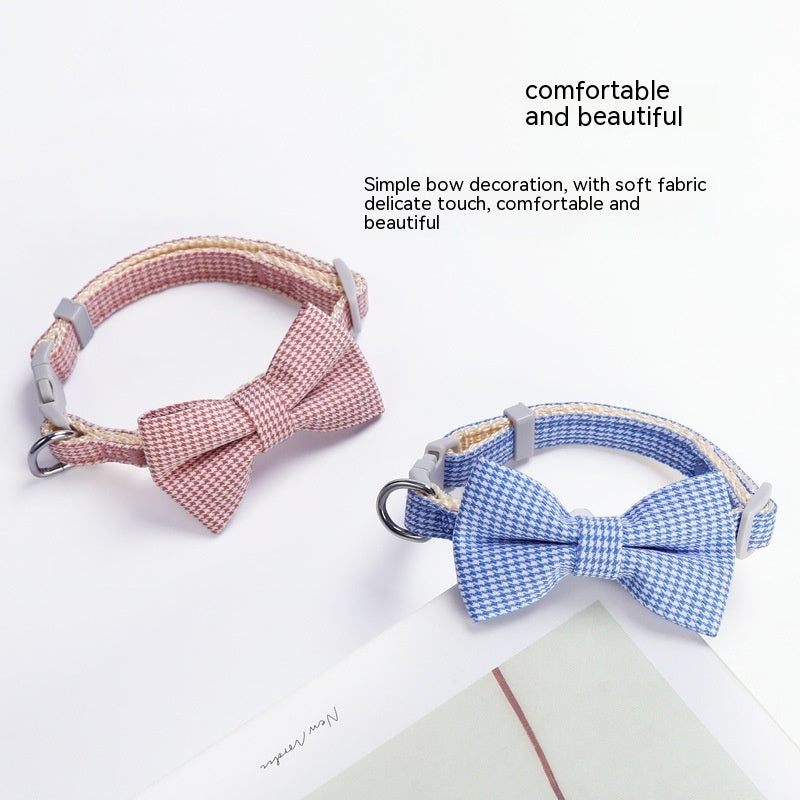 KFX-7620669 Houndstooth Bow Pet Collar – Stylish and Durable in Blue, Pink, Gray, and Purplish Red, Fits 22-29cm