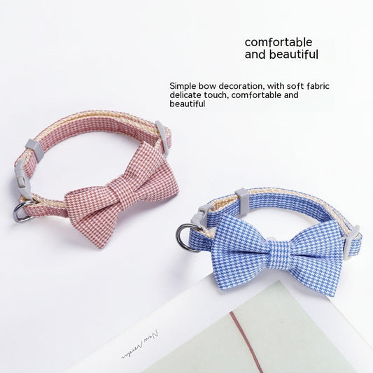KFX-7620669 Houndstooth Bow Pet Collar – Stylish and Durable in Blue, Pink, Gray, and Purplish Red, Fits 22-29cm