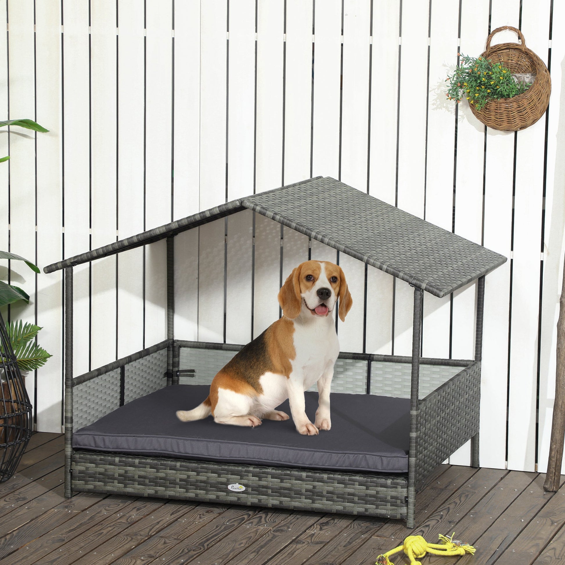 KFX-7623101 Outdoor Dog Bed with Canopy and Cushion for Medium to Large Dogs, Rattan and Steel Construction