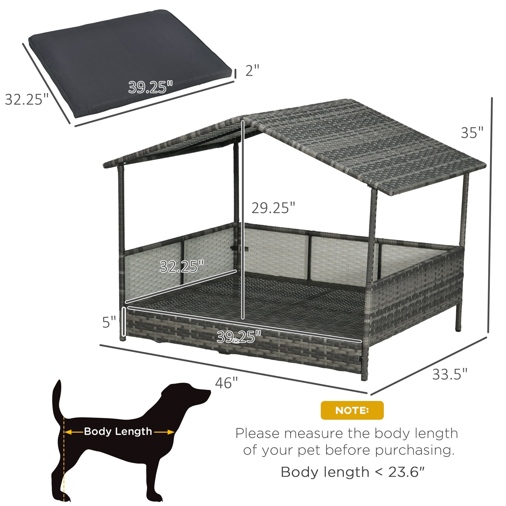 KFX-7623101 Outdoor Dog Bed with Canopy and Cushion for Medium to Large Dogs, Rattan and Steel Construction