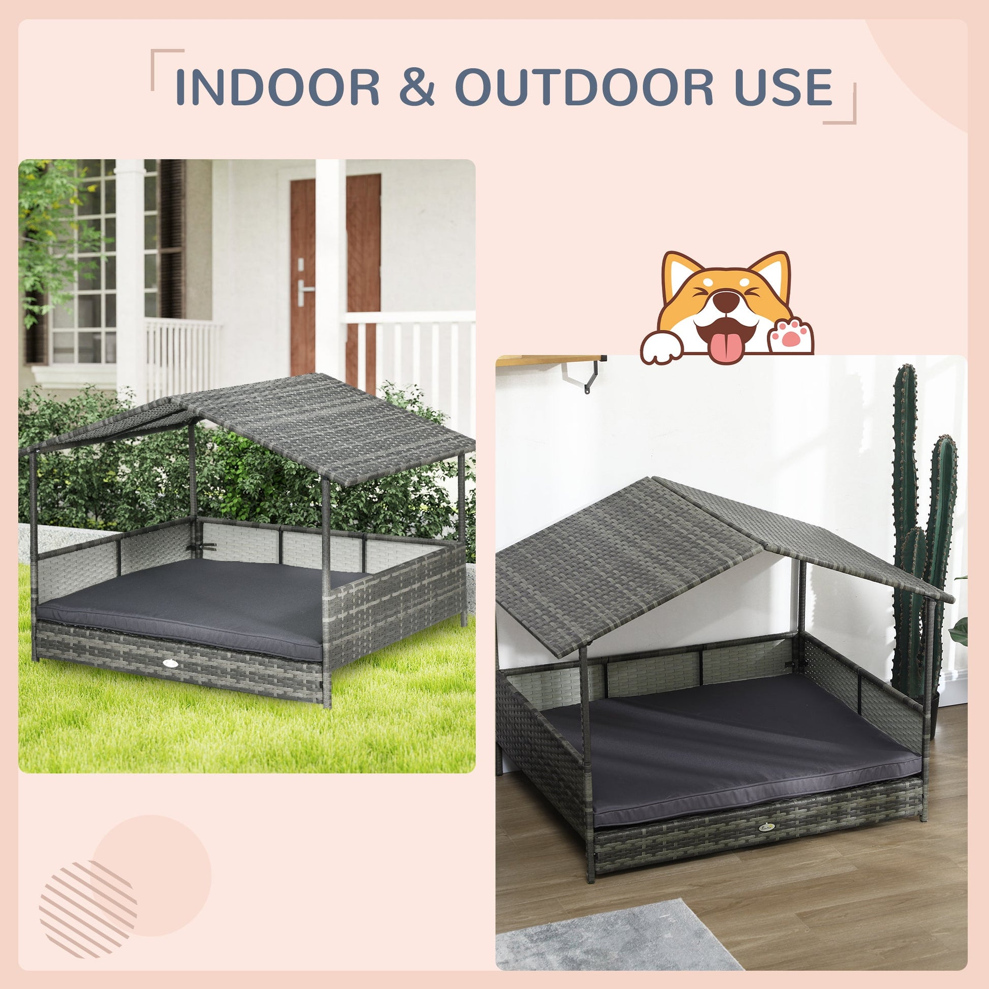 KFX-7623101 Outdoor Dog Bed with Canopy and Cushion for Medium to Large Dogs, Rattan and Steel Construction