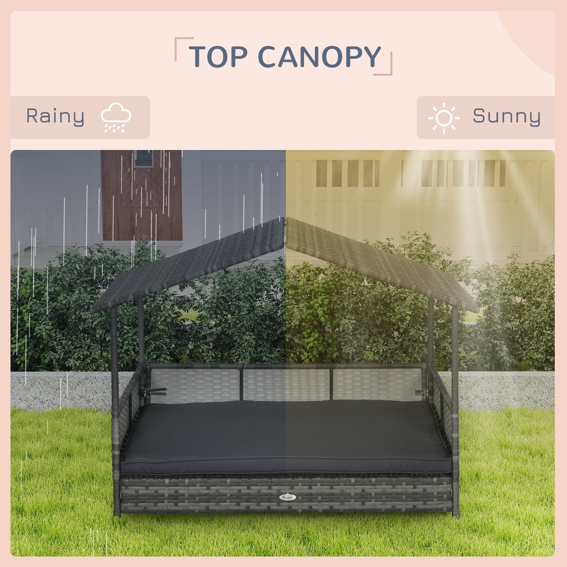 KFX-7623101 Outdoor Dog Bed with Canopy and Cushion for Medium to Large Dogs, Rattan and Steel Construction