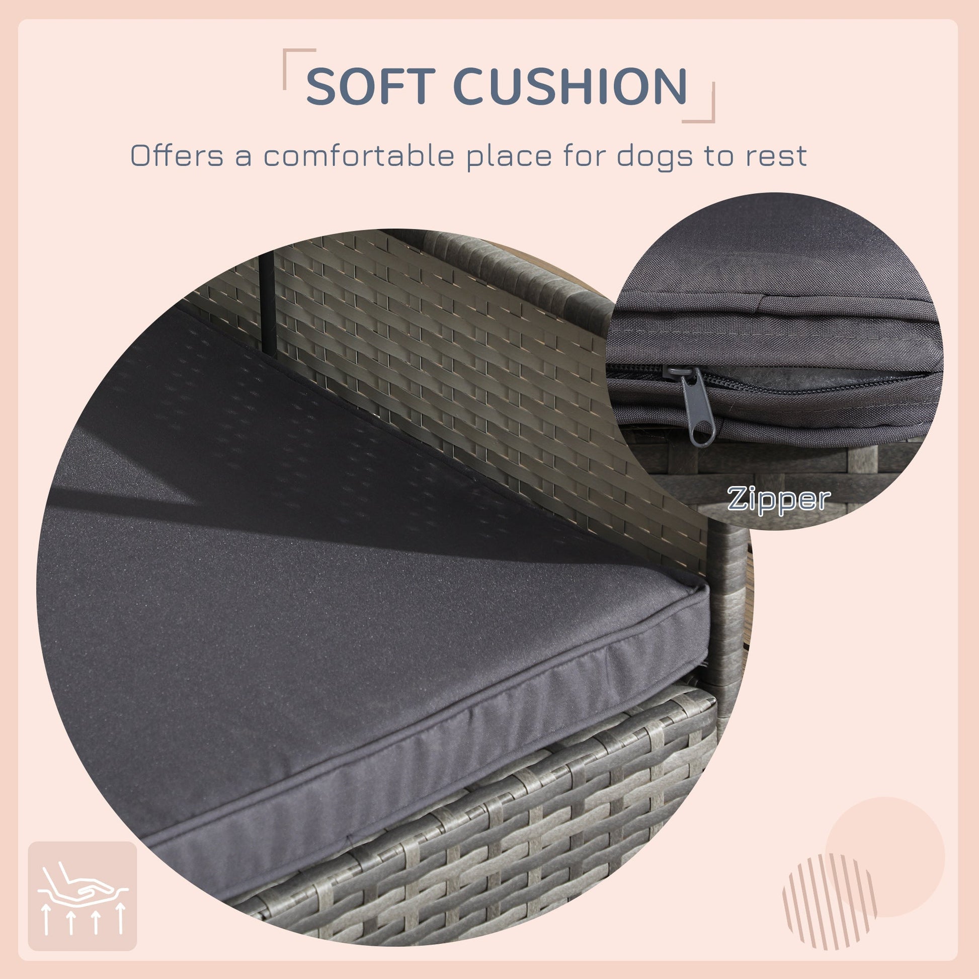 KFX-7623101 Outdoor Dog Bed with Canopy and Cushion for Medium to Large Dogs, Rattan and Steel Construction