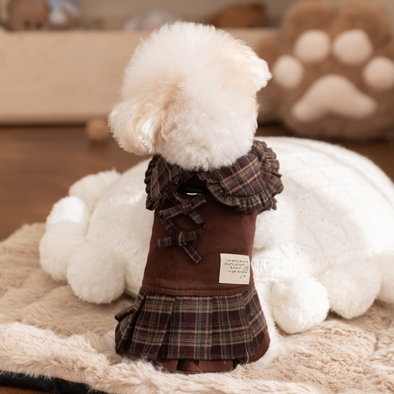 KFX-7623229 Fleece-Lined Brown Plaid Pet Sweater Dress with Ruffle Trim for Dogs and Cats