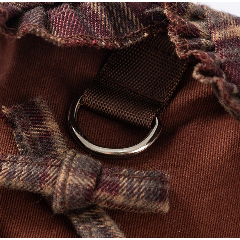 KFX-7623229 Fleece-Lined Brown Plaid Pet Sweater Dress with Ruffle Trim for Dogs and Cats
