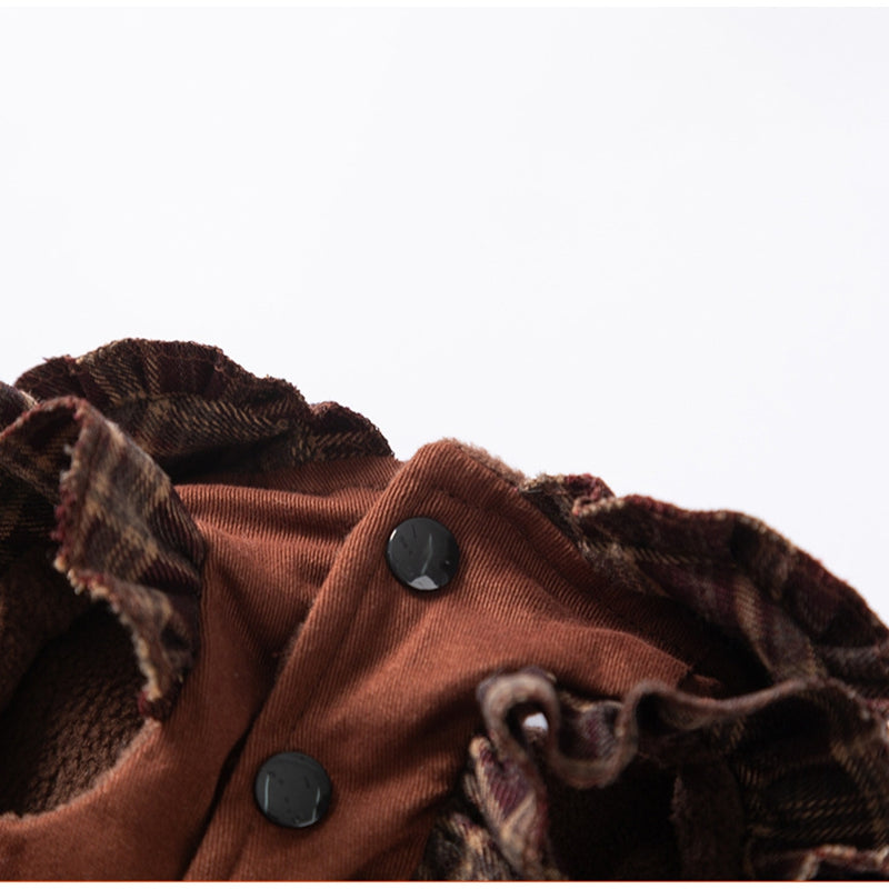 KFX-7623229 Fleece-Lined Brown Plaid Pet Sweater Dress with Ruffle Trim for Dogs and Cats