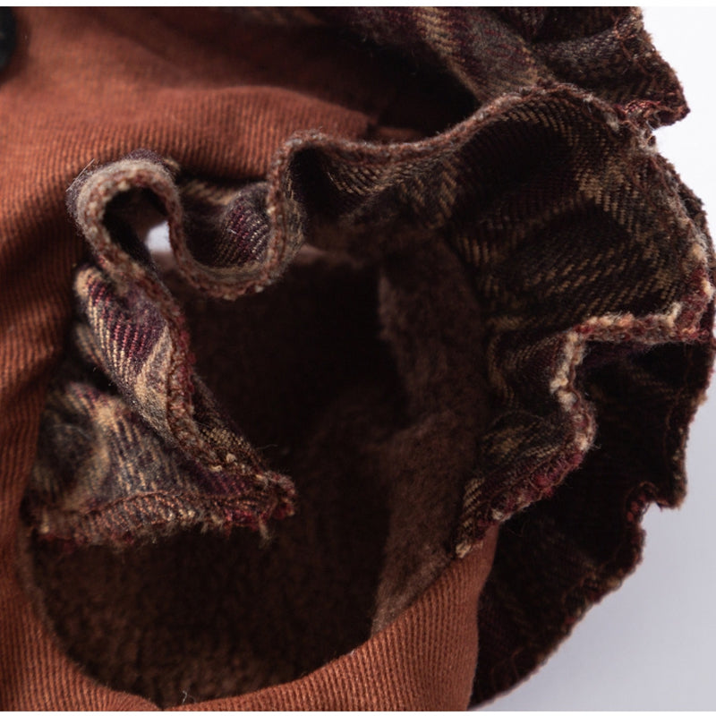 KFX-7623229 Fleece-Lined Brown Plaid Pet Sweater Dress with Ruffle Trim for Dogs and Cats