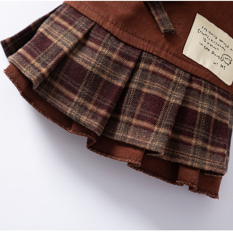 KFX-7623229 Fleece-Lined Brown Plaid Pet Sweater Dress with Ruffle Trim for Dogs and Cats