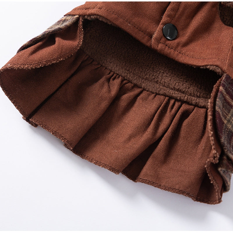 KFX-7623229 Fleece-Lined Brown Plaid Pet Sweater Dress with Ruffle Trim for Dogs and Cats