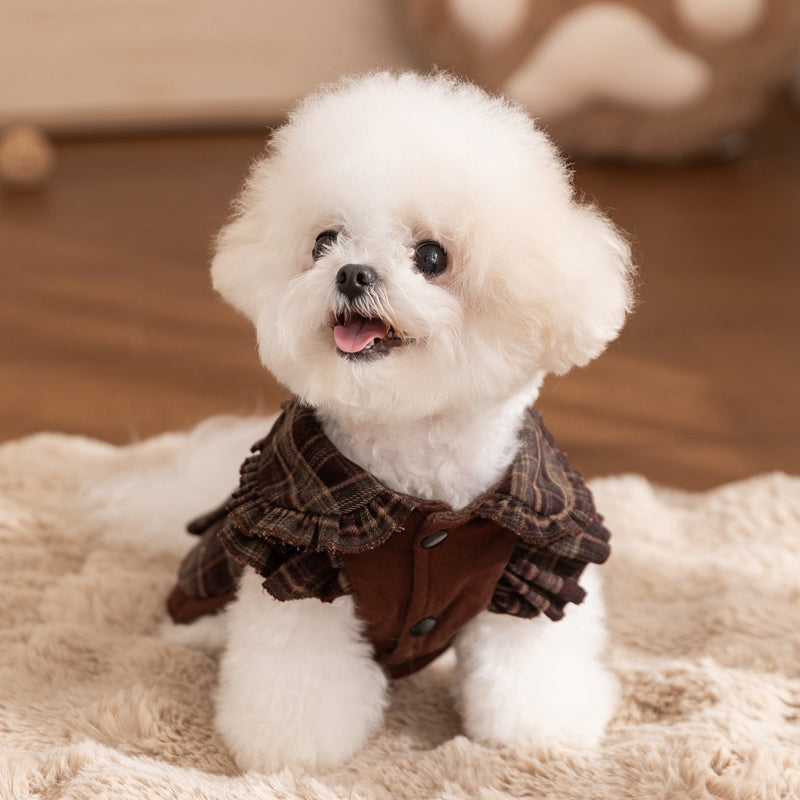 KFX-7623229 Fleece-Lined Brown Plaid Pet Sweater Dress with Ruffle Trim for Dogs and Cats