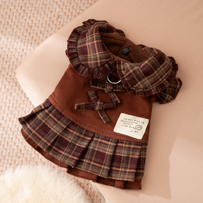 KFX-7623229 Fleece-Lined Brown Plaid Pet Sweater Dress with Ruffle Trim for Dogs and Cats